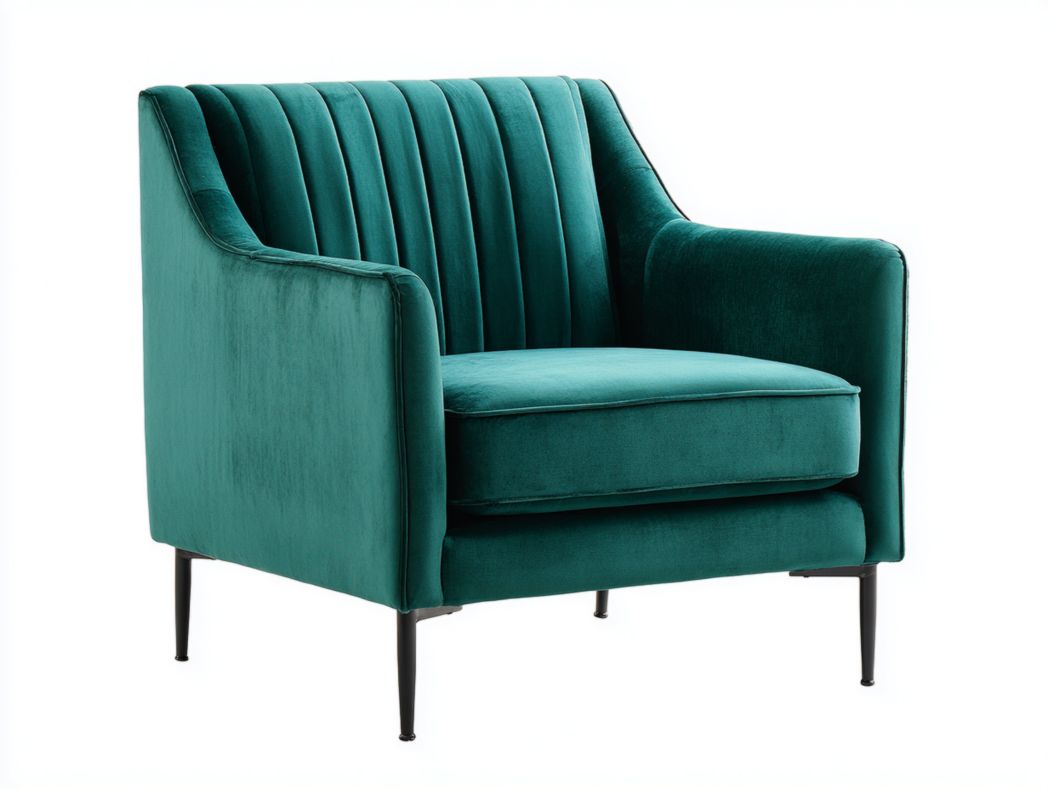 Fauteuil simple en velours vert émeraude avec dossier rainuré et pieds en métal