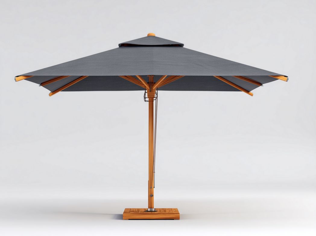 Parasol central carré, toile polyester gris foncé, armature en bois, base carrée