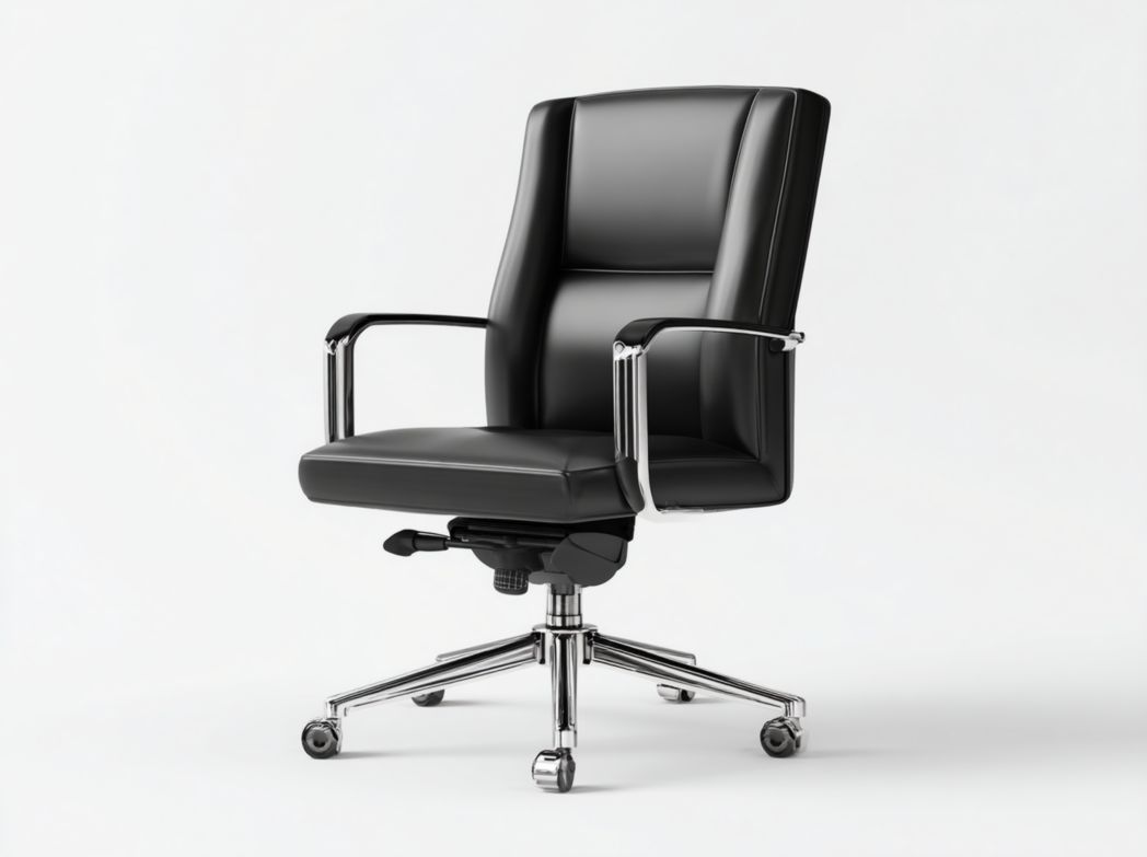 Chaise de bureau noire avec dossier moyen, revêtement en similicuir et base en métal chromé