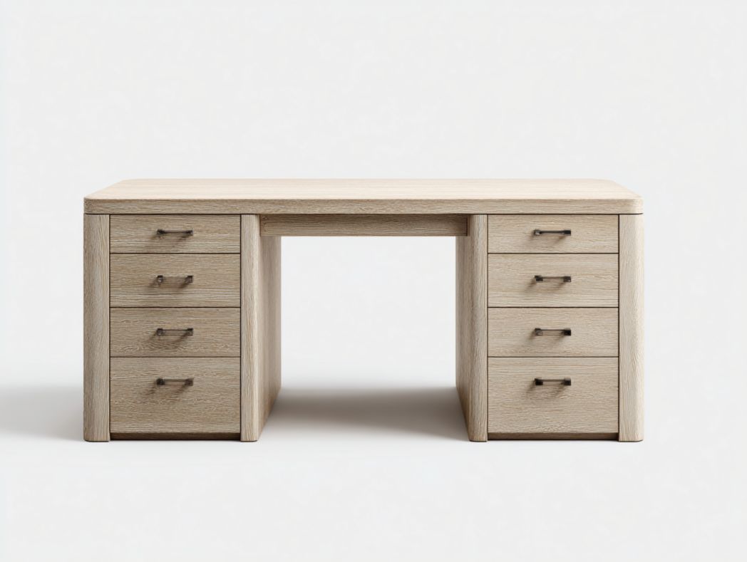 Bureau rectangulaire couleur bois naturel avec 8 tiroirs et poignées en métal