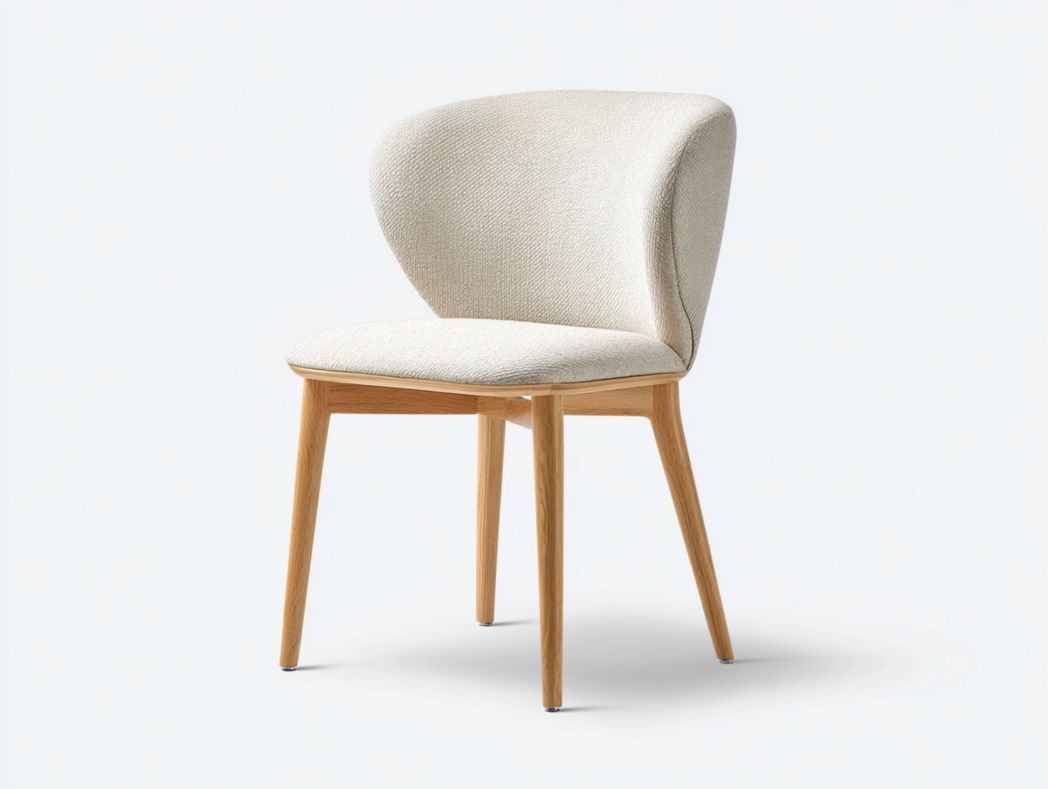 Chaise de salle à manger en bois clair avec dossier haut incurvé et revêtement beige