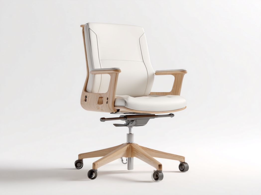 Chaise de bureau en similicuir ivoire avec base en bois clair et dossier moyen