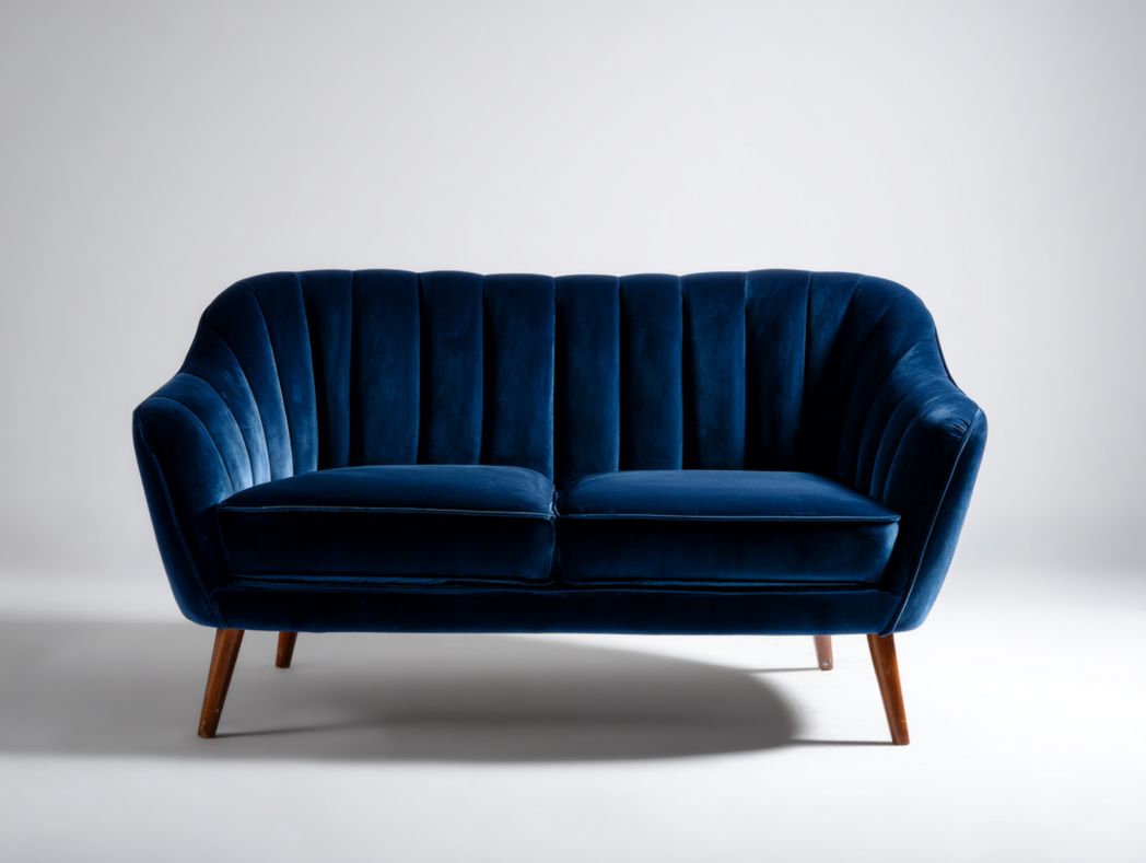 Canapé-lit en velours bleu marine avec dossier rainuré et pieds en bois