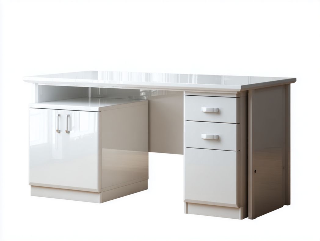 Bureau rectangulaire blanc avec armoire à deux portes et bloc à trois tiroirs