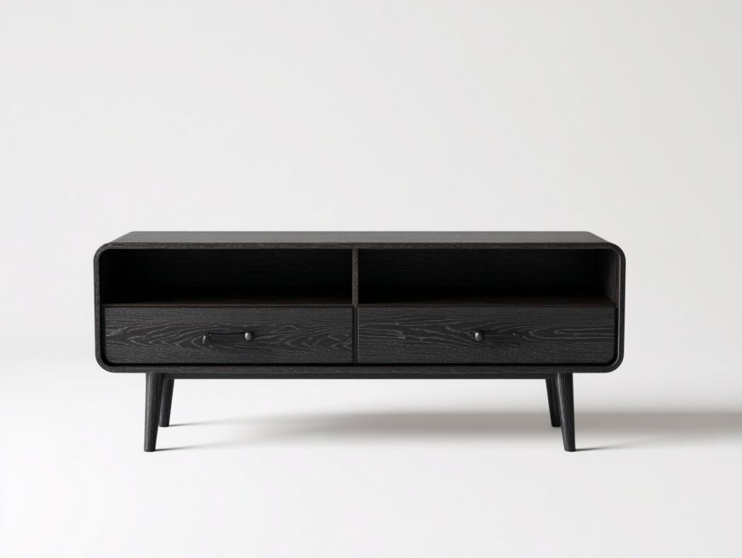 Meuble TV en bois noir avec bords arrondis et 2 tiroirs
