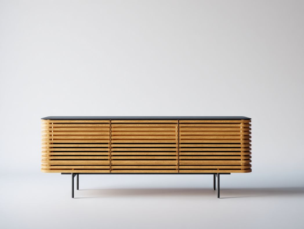 Meuble TV avec portes à lattes en bois naturel et plateau noir