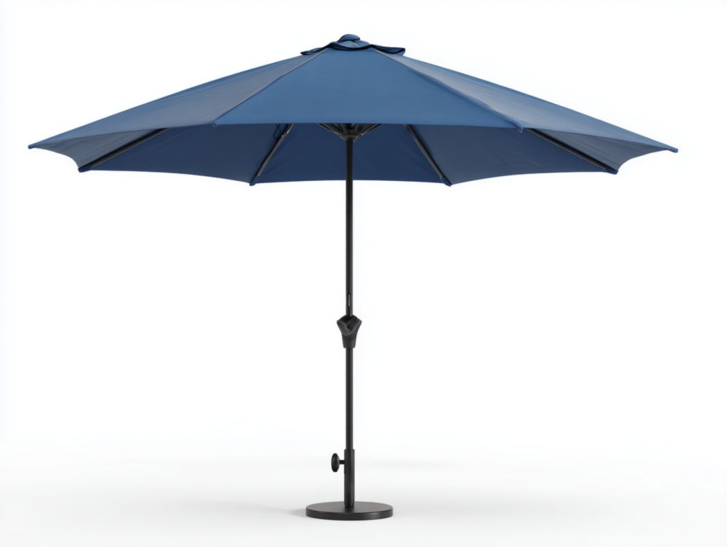 Parasol central octogonal, toile polyester bleu foncé, armature en acier noir thermolaqué, ouverture à manivelle