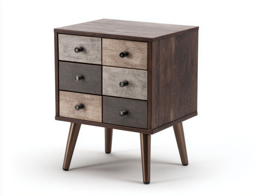 Commode en bois à 6 tiroirs, design multicolore, pieds hauts