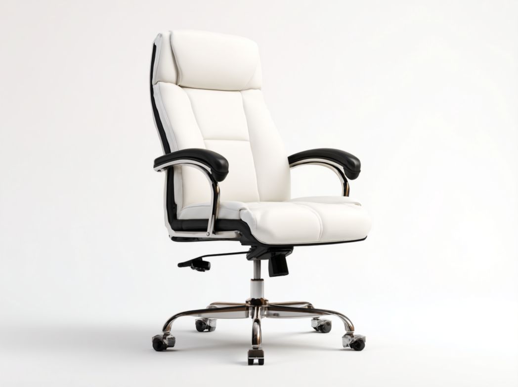 Chaise de bureau haute en similicuir blanc avec accoudoirs noirs et base pivotante en métal