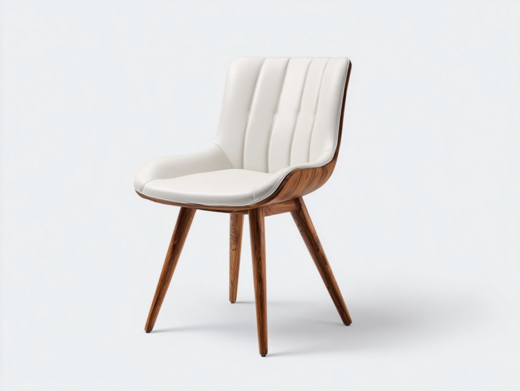 Chaise de salle à manger avec pieds en bois couleur noyer et assise rembourrée blanche avec coutures verticales