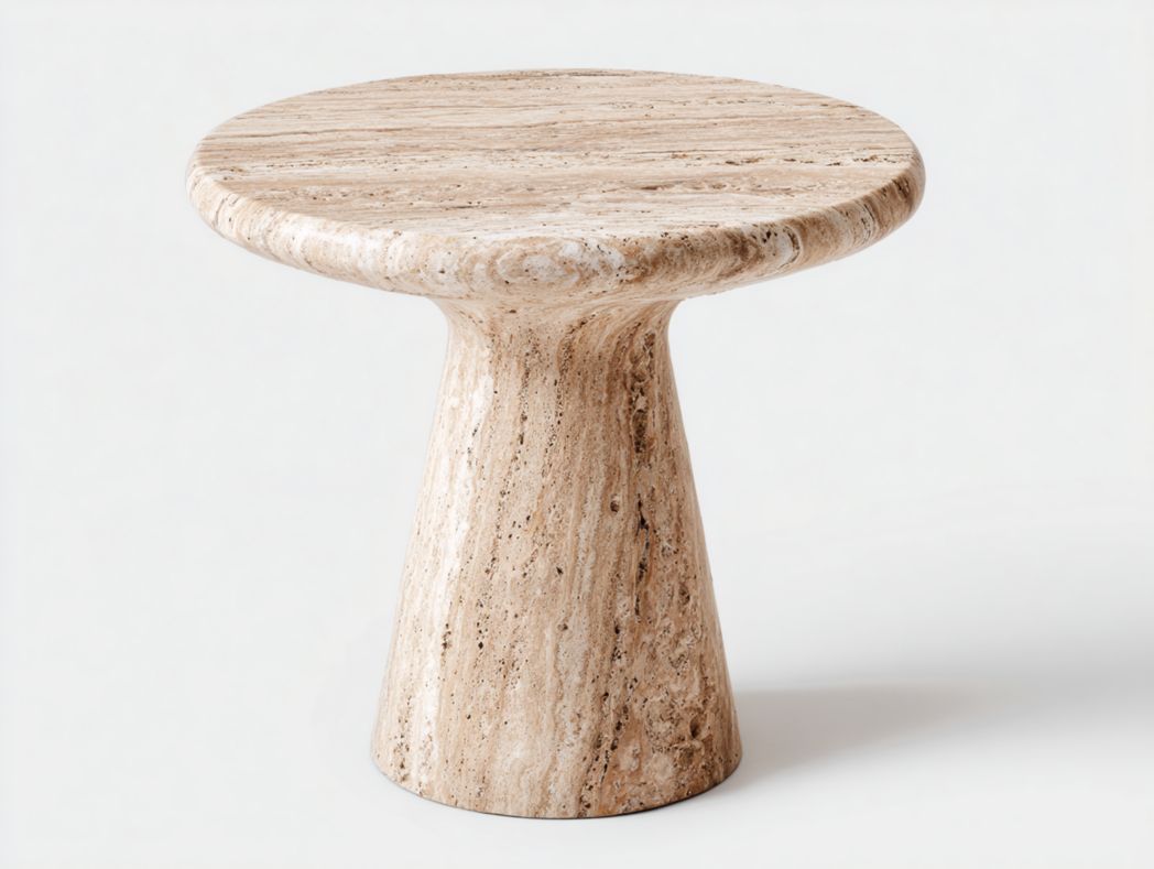 Table d’appoint ronde, plateau en pierre beige, base conique monobloc