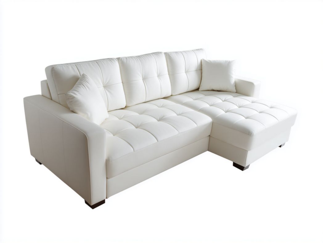 Canapé d'angle en similicuir blanc avec design capitonné et coussins inclus