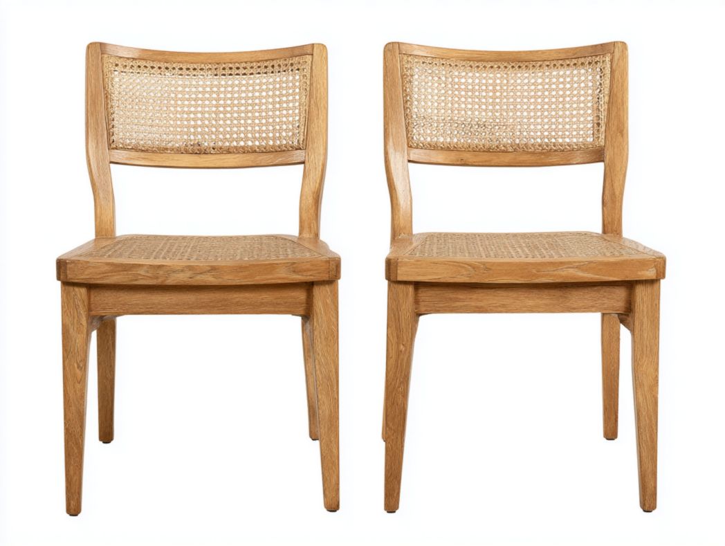 Ensemble de 2 chaises de salle à manger en bois massif avec dossier et assise en rotin