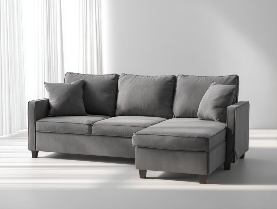 Canapé d'angle en tissu gris avec coussins