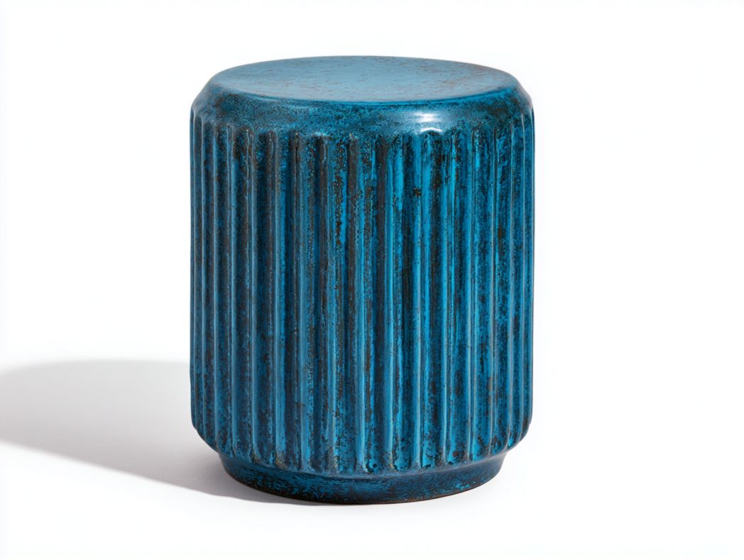 Table d’appoint cylindrique, en céramique, finition bleue à rainures verticales