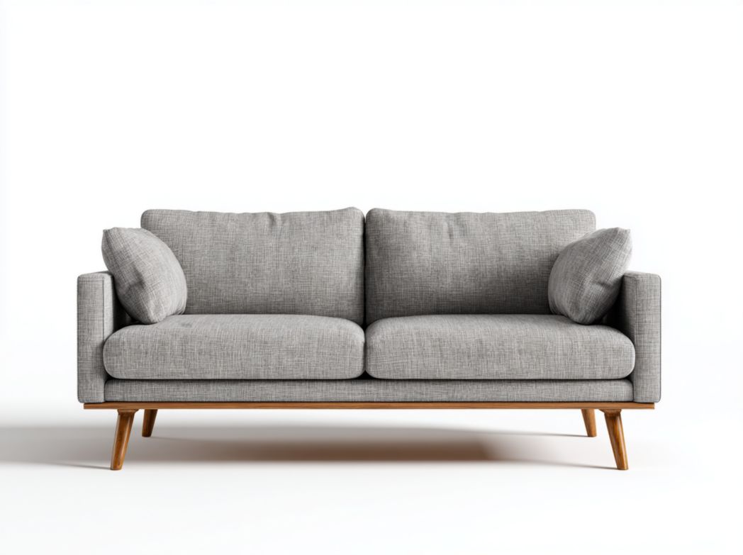 Canapé 2 places en tissu gris avec coussins inclus et base en bois