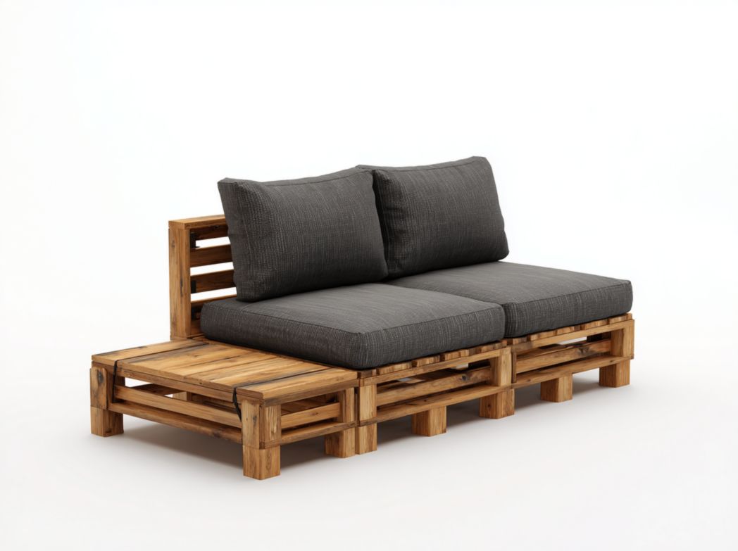 Chaise de jardin double avec structure en bois et coussins gris foncé