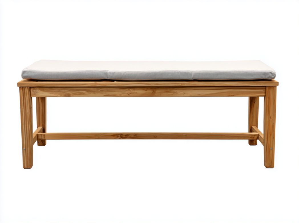 Banc de jardin rectangulaire en bois naturel avec coussin gris clair