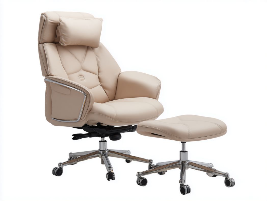 Chaise de bureau beige avec dossier haut, appui-tête et repose-pieds réglables
