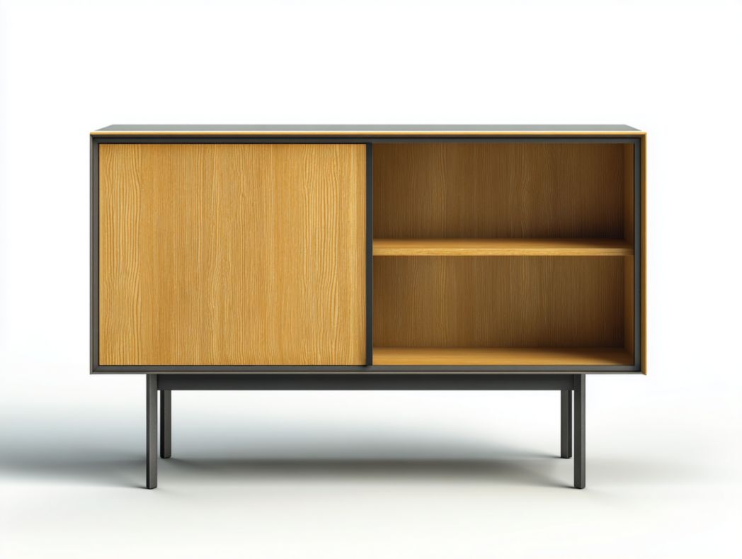 Meuble TV à portes coulissantes, cadre en bois naturel et métal noir