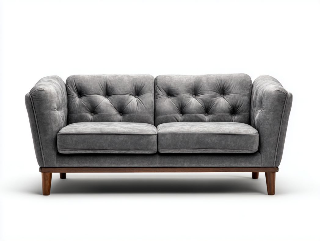 Canapé-lit deux places en tissu gris avec dossier capitonné et pieds en bois