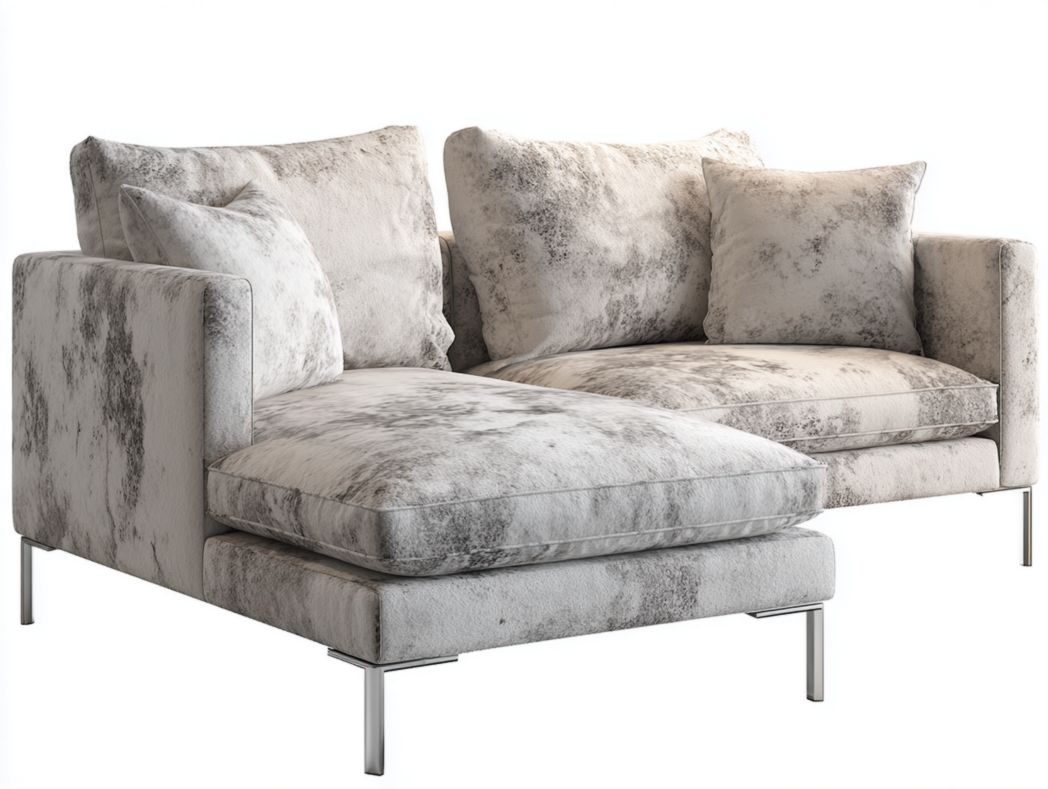 Canapé d'angle en tissu gris avec coussins et pieds en métal