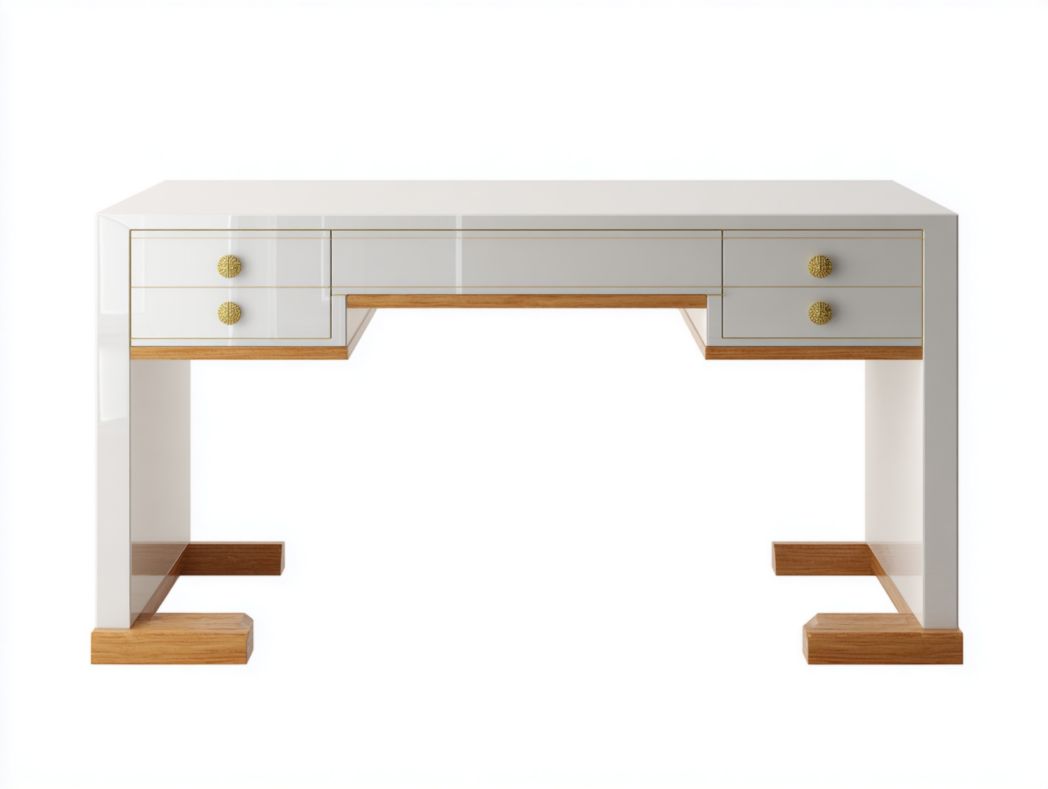 Bureau rectangulaire blanc avec quatre tiroirs et base décorative en bois