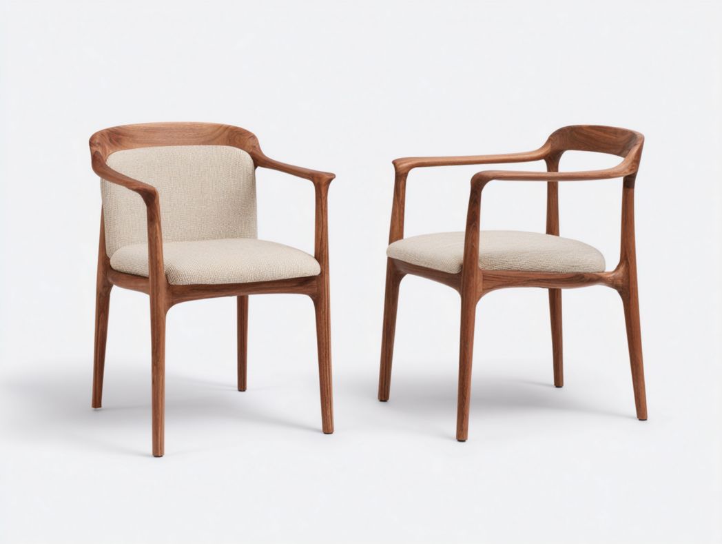 Deux chaises de salle à manger en bois massif avec revêtement beige