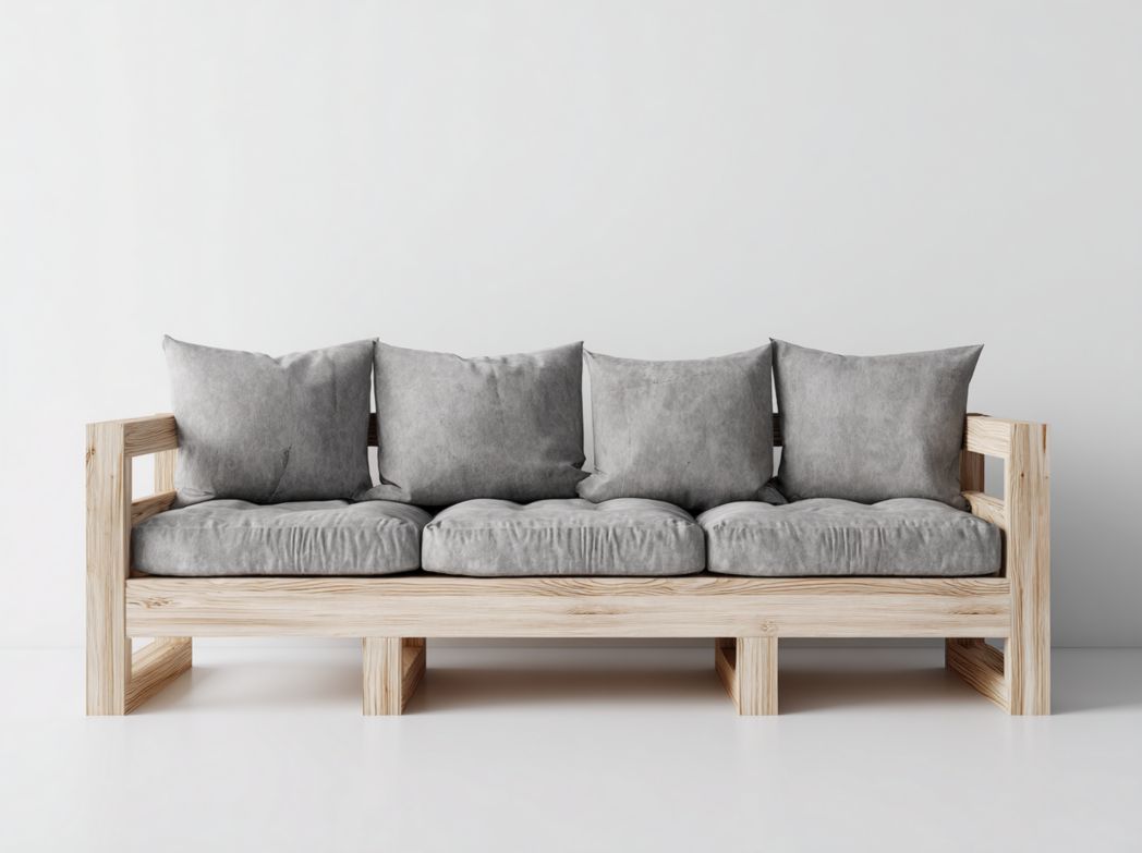 Chaise de jardin pour plusieurs personnes avec structure en bois et coussins gris.