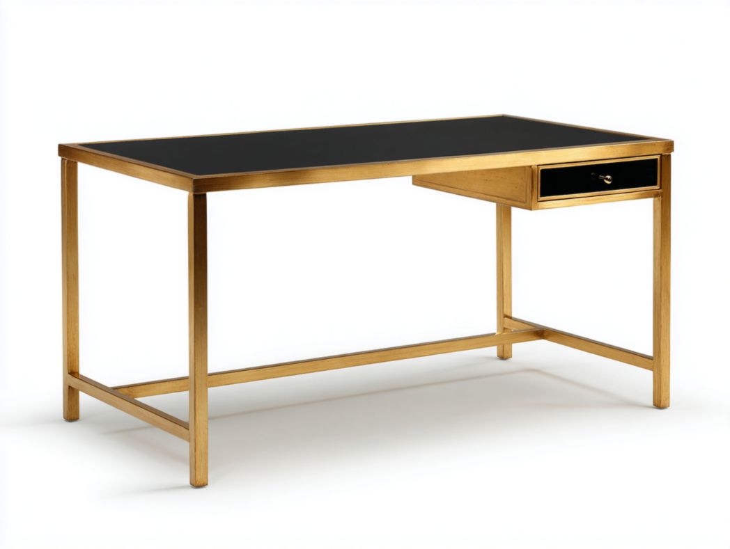 Bureau rectangulaire avec surface noire et cadre en métal doré avec un tiroir