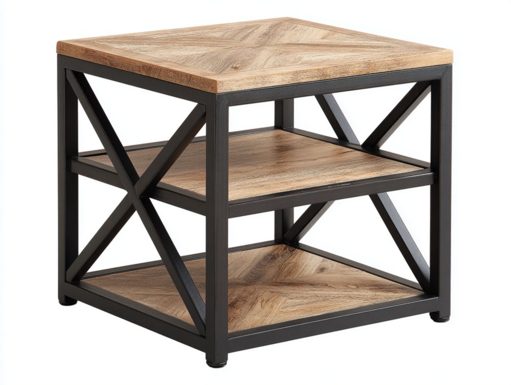 Table d’appoint carrée, structure en métal noir avec trois plateaux en bois