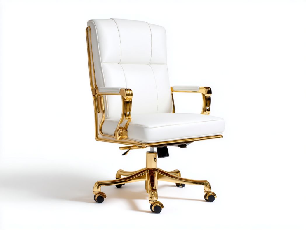 Chaise de bureau avec revêtement blanc et structure en métal doré
