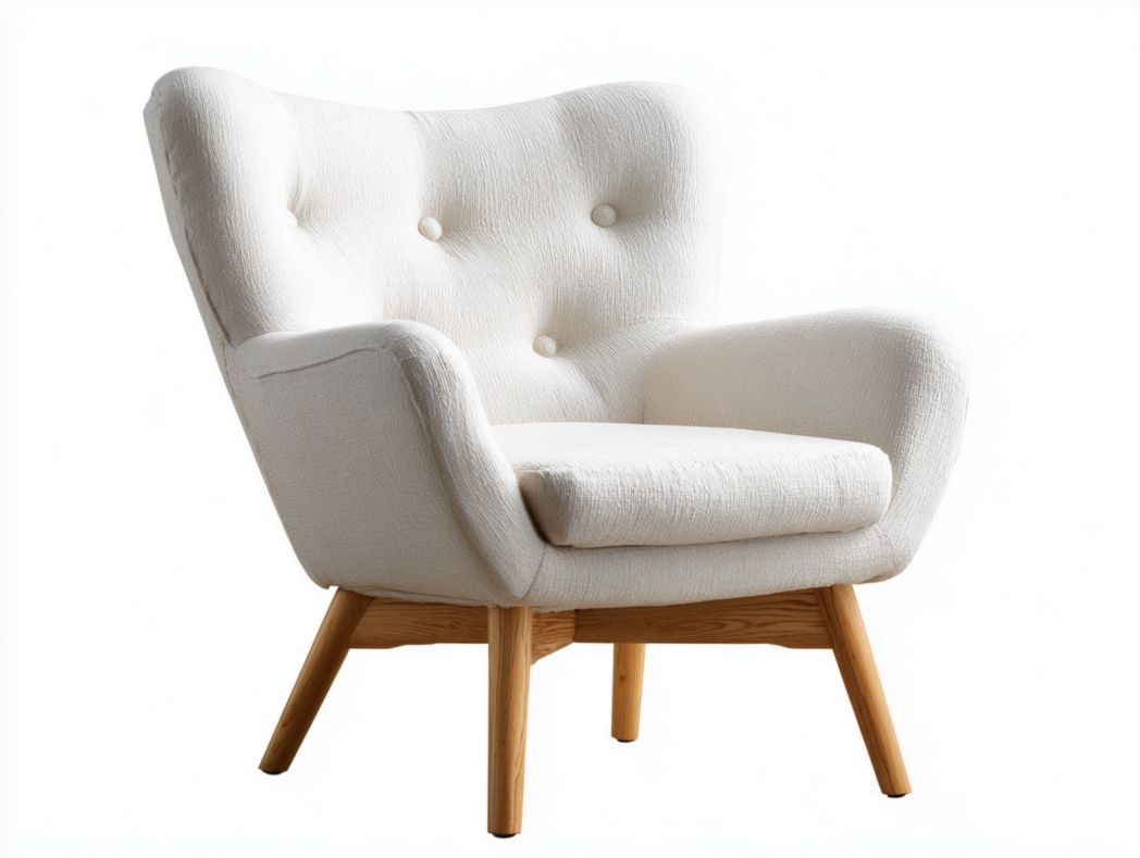 Fauteuil tapissé de tissu blanc avec dossier haut et pieds en bois