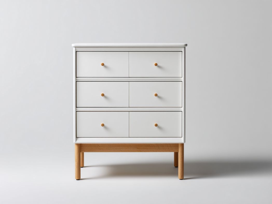 Commode 6 tiroirs avec cadre blanc et façades en bois naturel