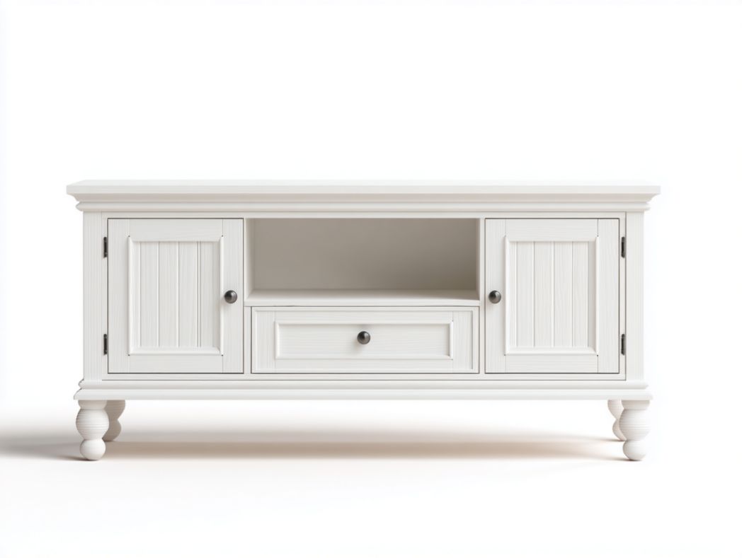 Meuble TV blanc avec portes sculptées et tiroir central