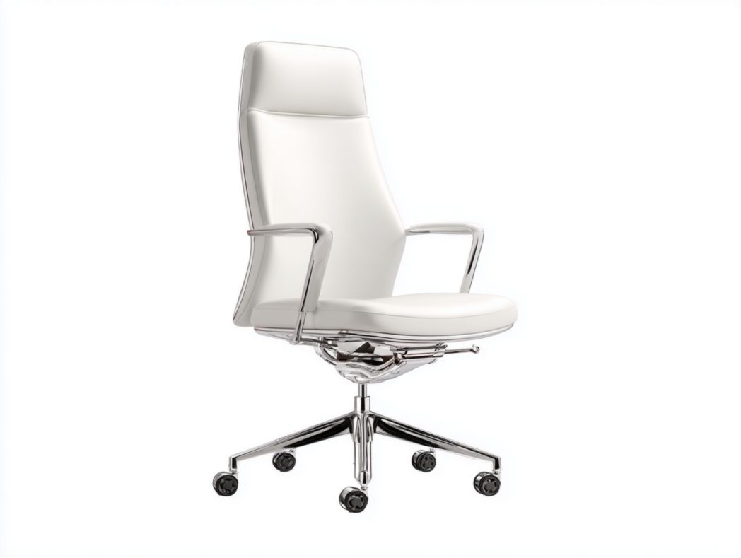 Chaise de bureau haute en similicuir blanc avec accoudoirs en métal et base chromée à cinq roues