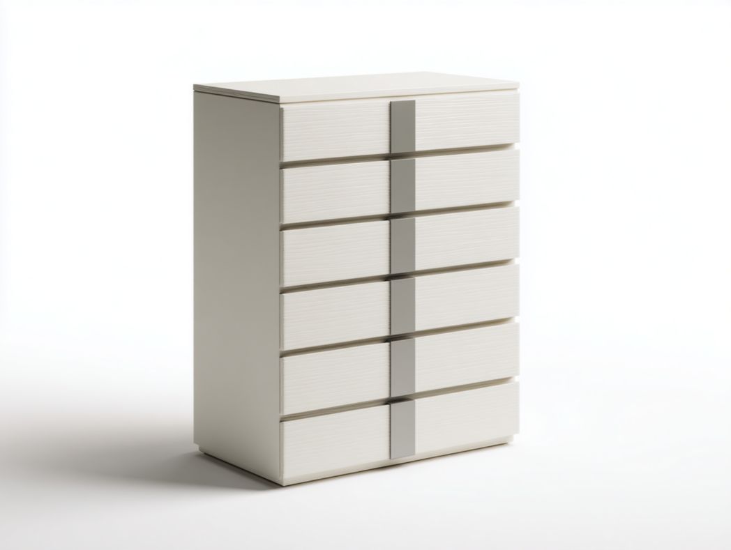 Commode blanche à 6 tiroirs avec rayures décoratives grises