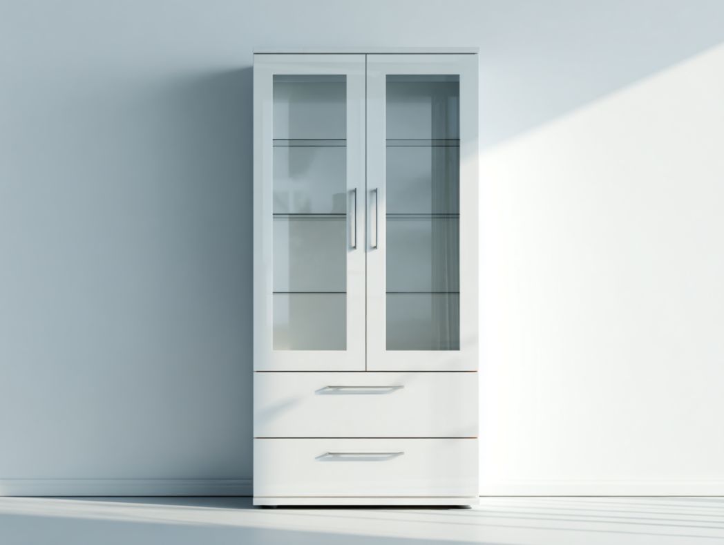 Vitrine blanche brillante avec portes vitrées et 2 tiroirs inférieurs