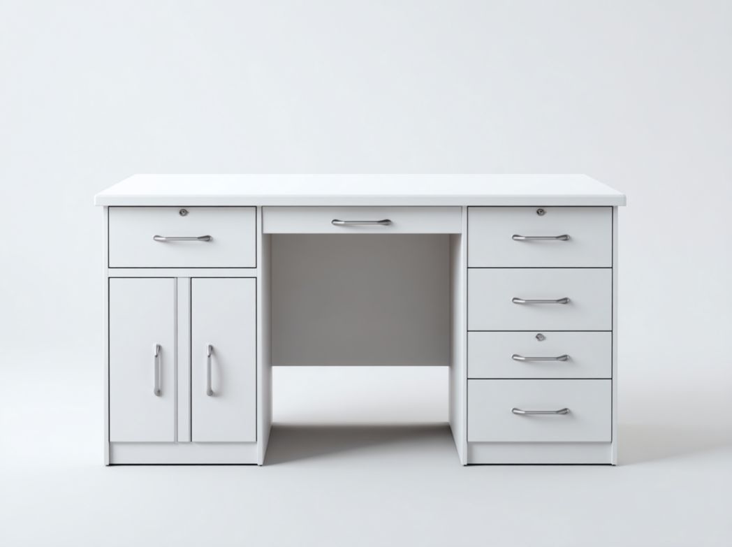 Bureau rectangulaire blanc avec 6 tiroirs et armoire 2 portes avec poignées en métal