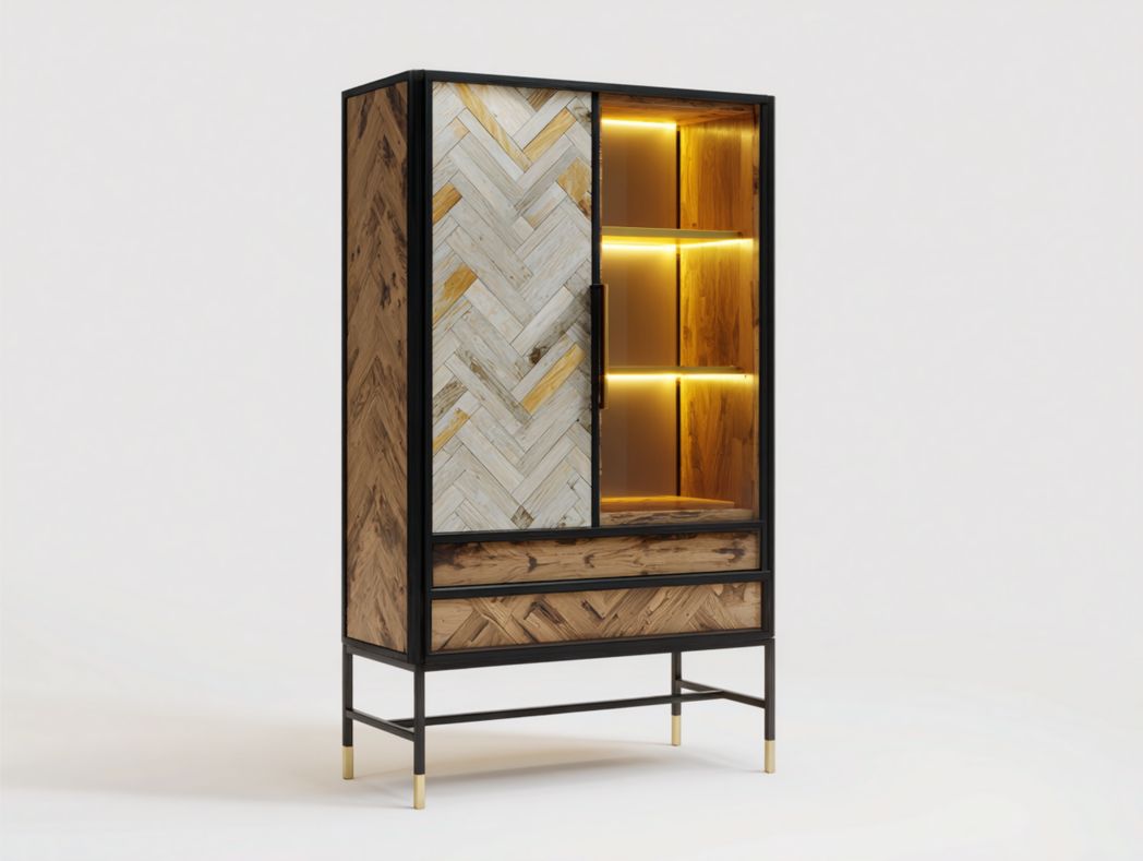 Vitrine avec cadre noir et porte en bois à chevrons avec tiroirs et éclairage LED