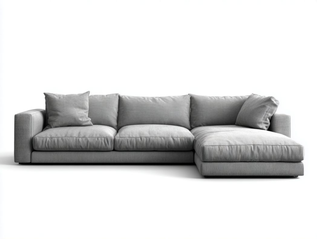 Canapé d'angle en tissu gris clair avec coussins