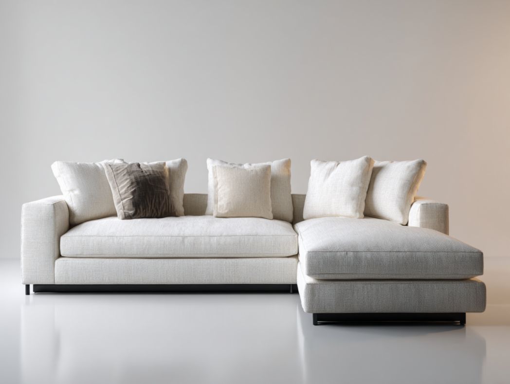 Canapé d'angle en tissu beige avec coussins et texture tissée