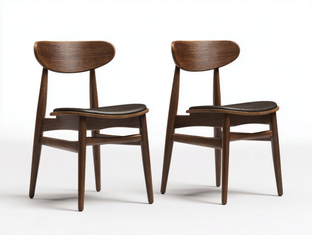 Deux chaises de salle à manger en bois foncé avec sièges en similicuir noir