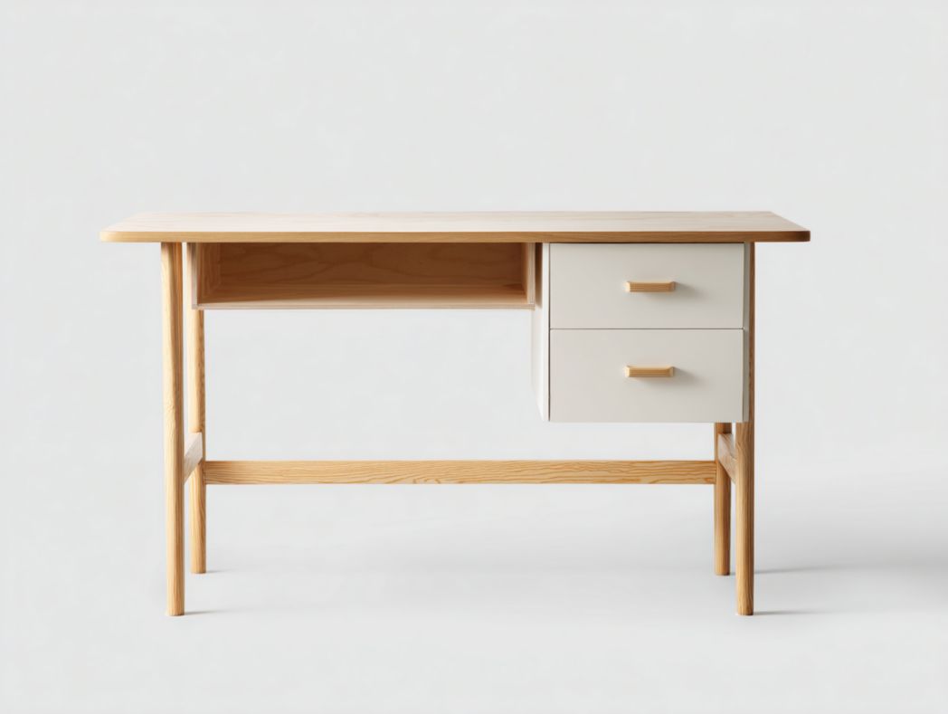 Bureau rectangulaire avec cadre en bois clair et deux tiroirs blancs