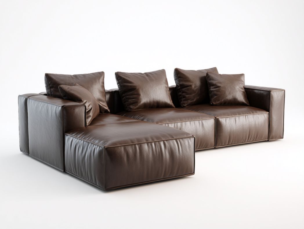 Canapé d'angle en similicuir marron avec coussins