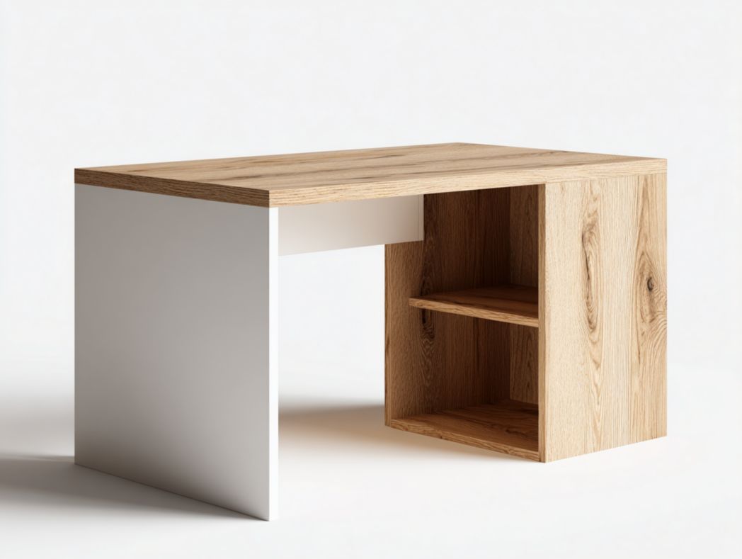 Bureau bicolore avec plateau en bois et côté blanc avec étagères ouvertes