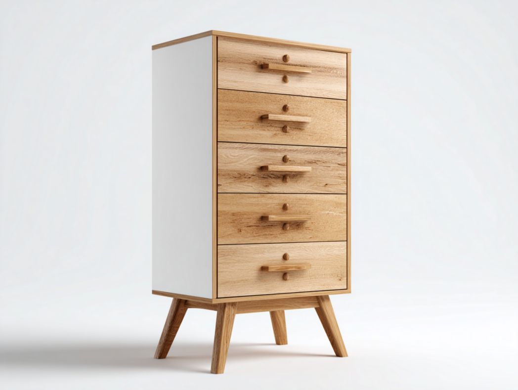 Commode en bois naturel, structure blanche, pieds hauts