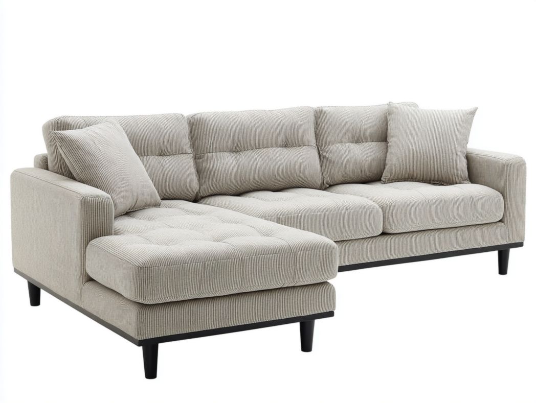 Canapé d'angle en tissu gris clair à fines rayures et coussins inclus