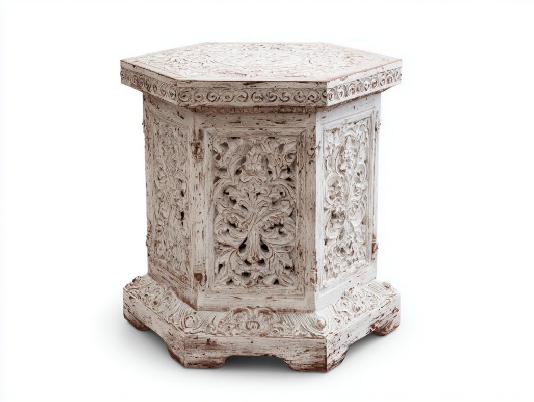 Table d’appoint hexagonale, en bois, finition brun clair et blanc sculpté