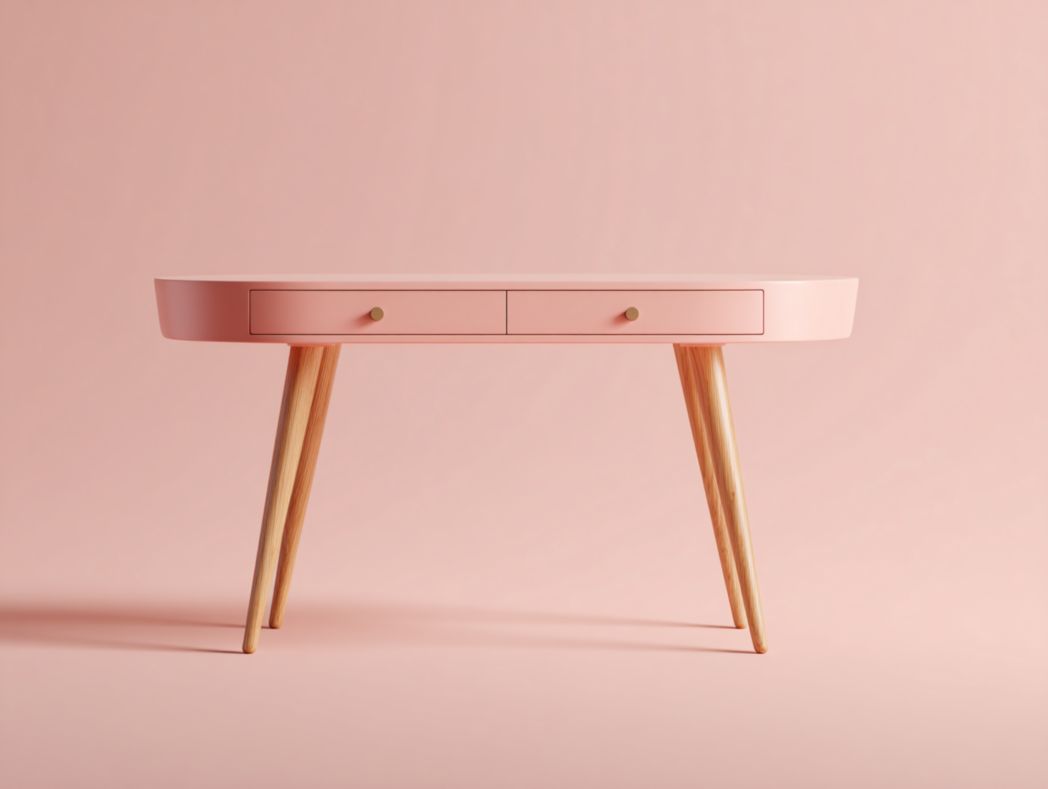 Bureau rose avec 2 tiroirs, bords arrondis et pieds en bois inclinés
